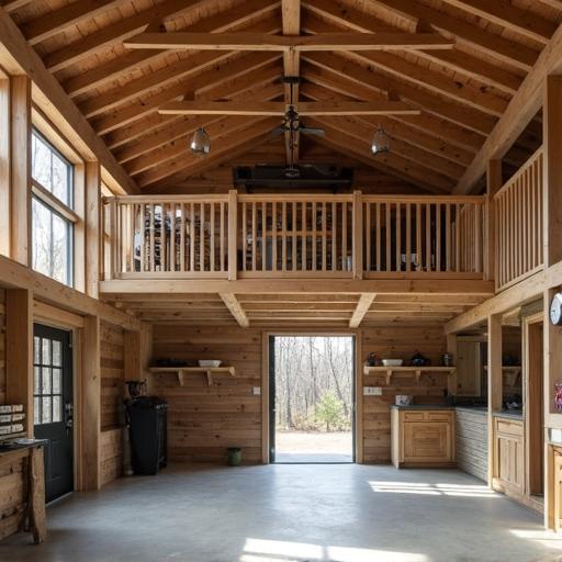 Spacious barndominium garage with loft features ample storage and rustic charm.