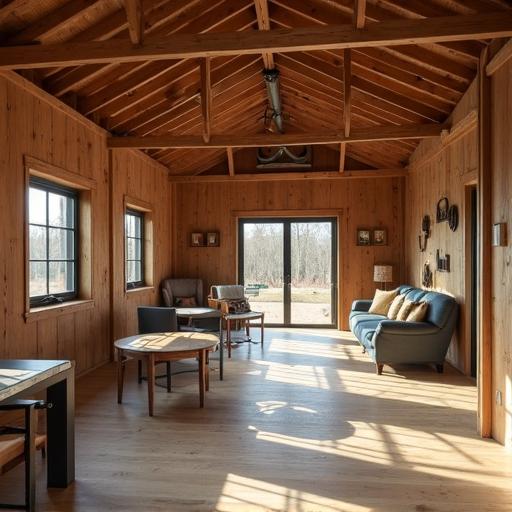 Stylish barndominium interiors featuring rustic wood beams and modern decor in a cozy living space.