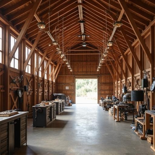A spacious barndominium with shop, showcasing modern design and rustic charm under a clear blue sky.
