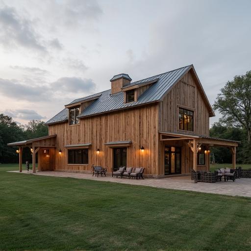A beautiful L shaped barndominium showcasing modern architecture and spacious living areas.