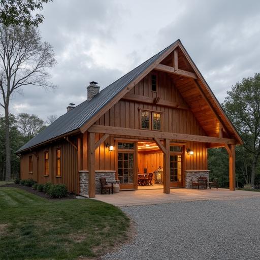A modern manufactured barndominium showcasing its spacious interior and rustic charm in a picturesque setting.